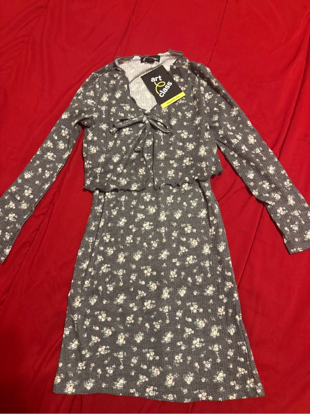 art class Gray Floral Knit Dress with Tie-Front Cardigan